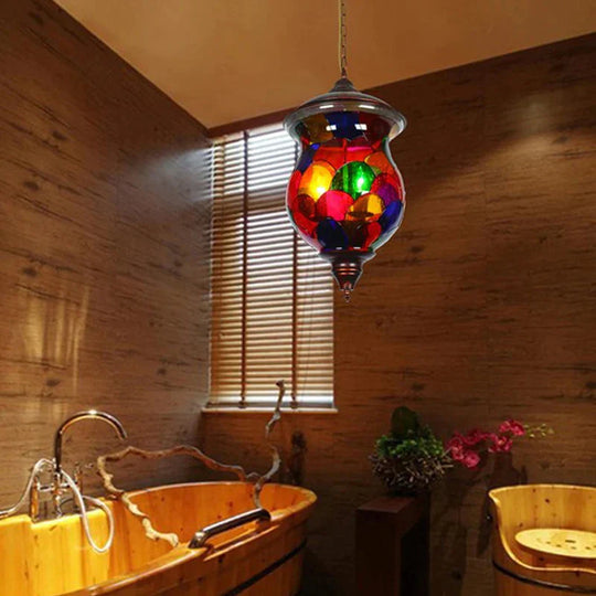 3 Bulbs Red Glass Chandelier Vintage Copper Urn Shape Bathroom Pendant Lighting Fixture