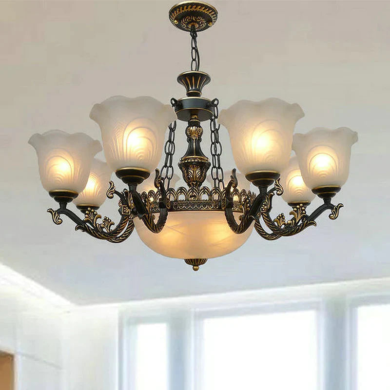 Bronze Flared Pendant Lighting Traditional Frosted Textured Glass 9/11 Light Living Room Chandelier