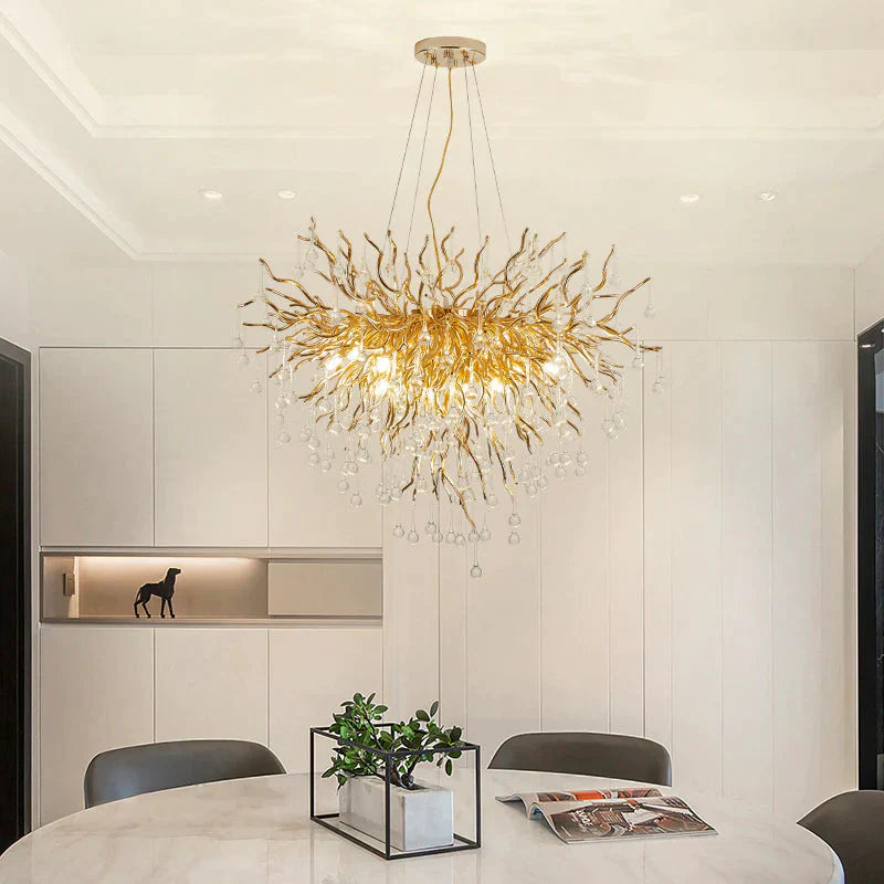 23.5’/31.5’ W Clear Crystal Raindrop Hanging Chandelier Rustic 8/10 Lights Gold Ceiling Lamp