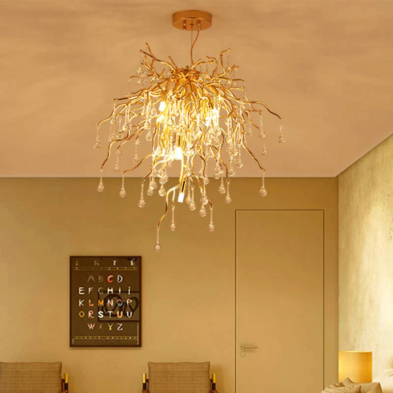 23.5’/31.5’ W Clear Crystal Raindrop Hanging Chandelier Rustic 8/10 Lights Gold Ceiling Lamp