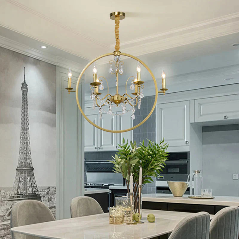 Metallic Golden Ceiling Pendant Circular 6/8 - Head Colonial Style Chandelier Light With Crystal