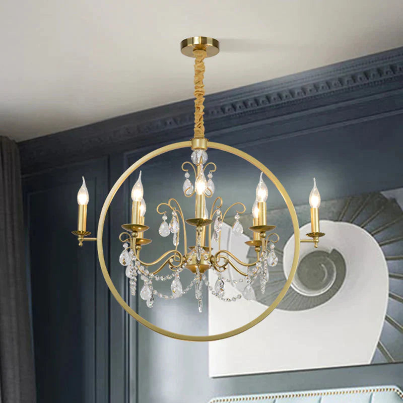 Metallic Golden Ceiling Pendant Circular 6/8 - Head Colonial Style Chandelier Light With Crystal