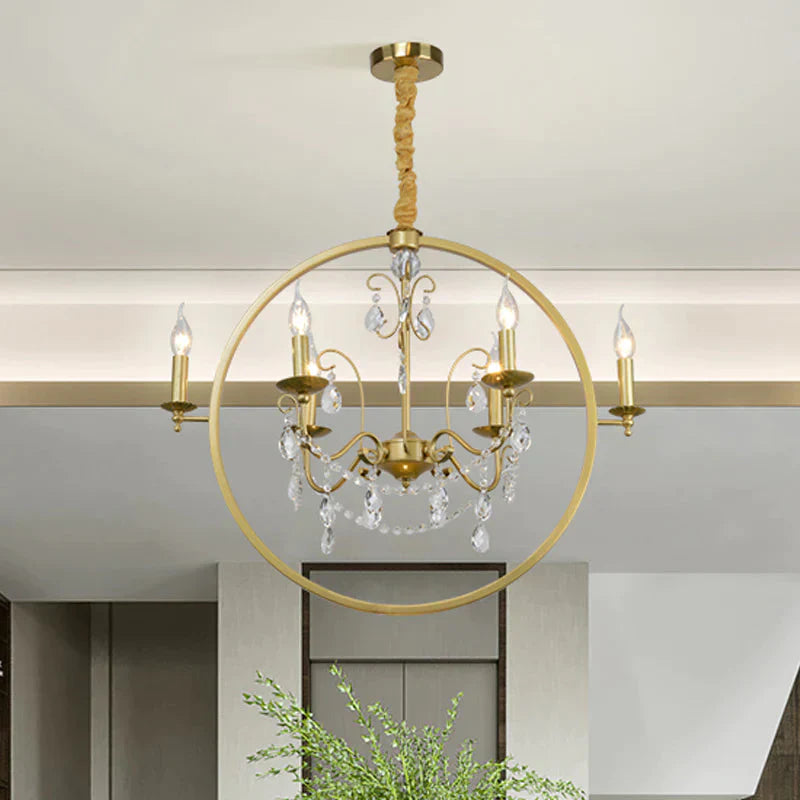 Metallic Golden Ceiling Pendant Circular 6/8 - Head Colonial Style Chandelier Light With Crystal
