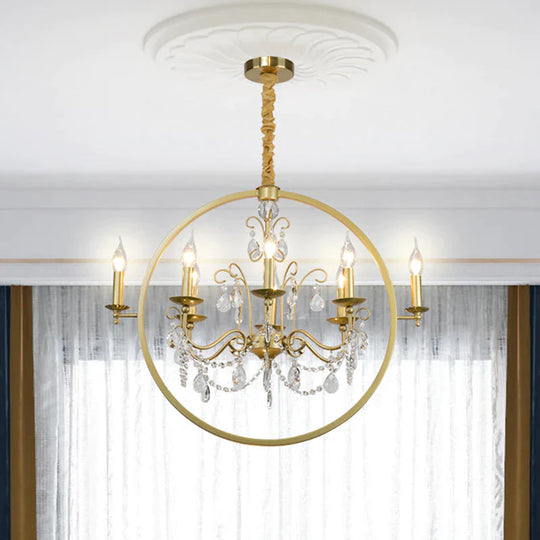 Metallic Golden Ceiling Pendant Circular 6/8 - Head Colonial Style Chandelier Light With Crystal