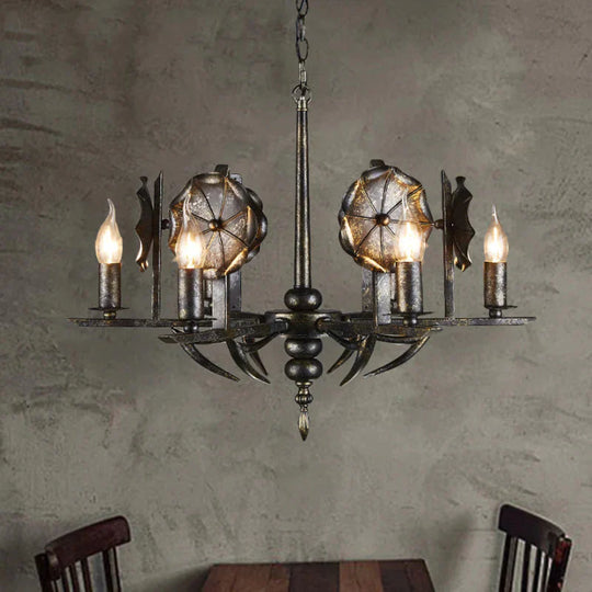 Vintage Aged Brass Chandelier Candle 6 Lights Metallic Pendant Lamp For Farmhouse Cottage Black