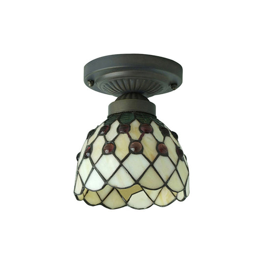 Retro - Style Cup Shade Semi Flush Mount Ceiling Light - Purple/Beige Glass Fixture With Jewel