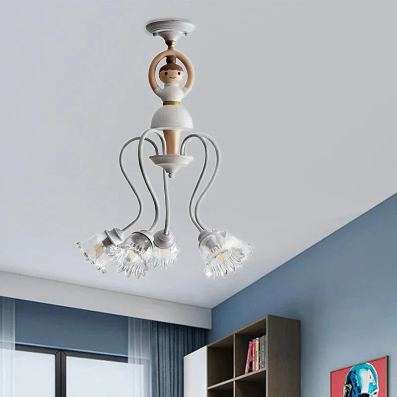 Resin Ballet Pendant Light With Flower Shade 5 Lights Creative Chandelier In White For Kindergarten