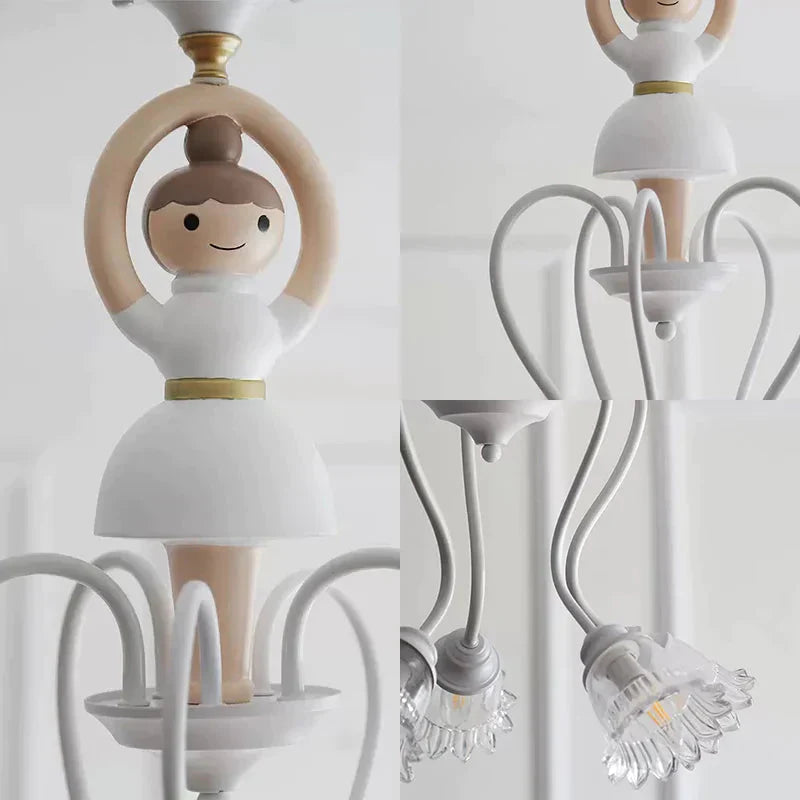 Resin Ballet Pendant Light With Flower Shade 5 Lights Creative Chandelier In White For Kindergarten