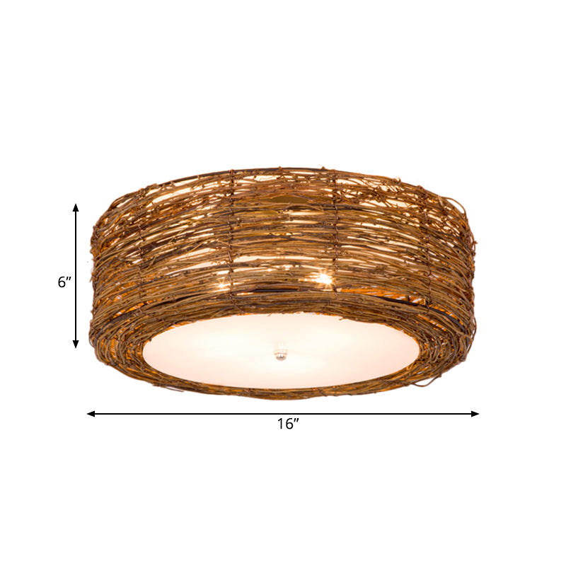 Modern 3 - Light Rattan Flush Mount Ceiling Lamp - Hand - Woven Round Shade In Brown 16’/19.5’