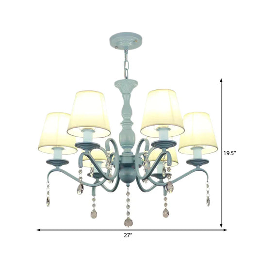6 - Light Tapered Shade Chandelier With Crystal Bead Kids Metal Hanging Light In Blue For Foyer