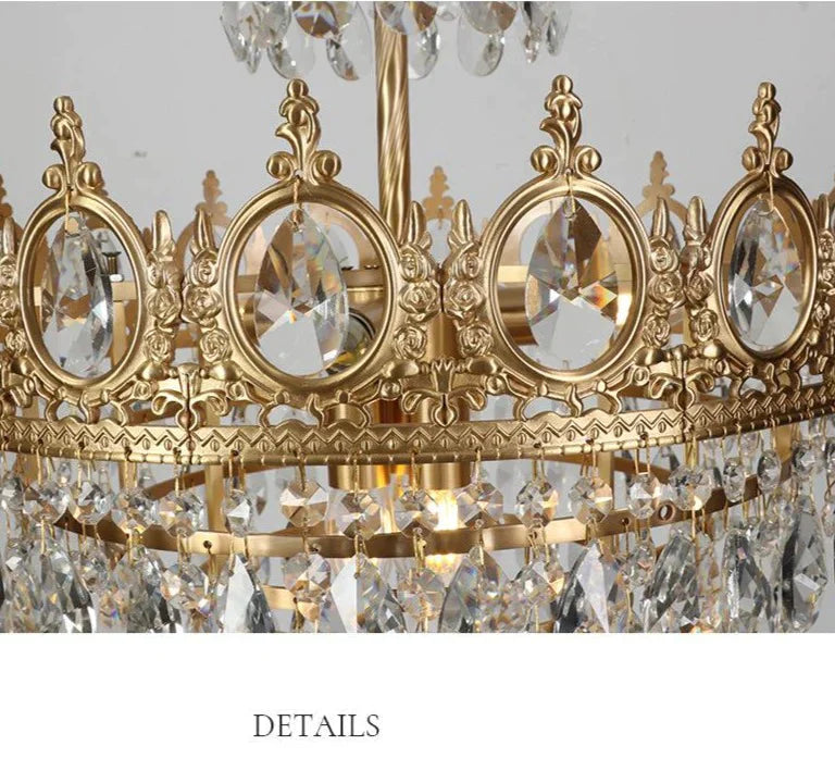 French Retro All Copper Crown Crystal Chandelier Living Room Dining Cloakroom Pendant