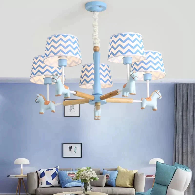 Boys Bedroom Carousel Hanging Light Wood 5 Heads Nordic Style Blue Chandelier