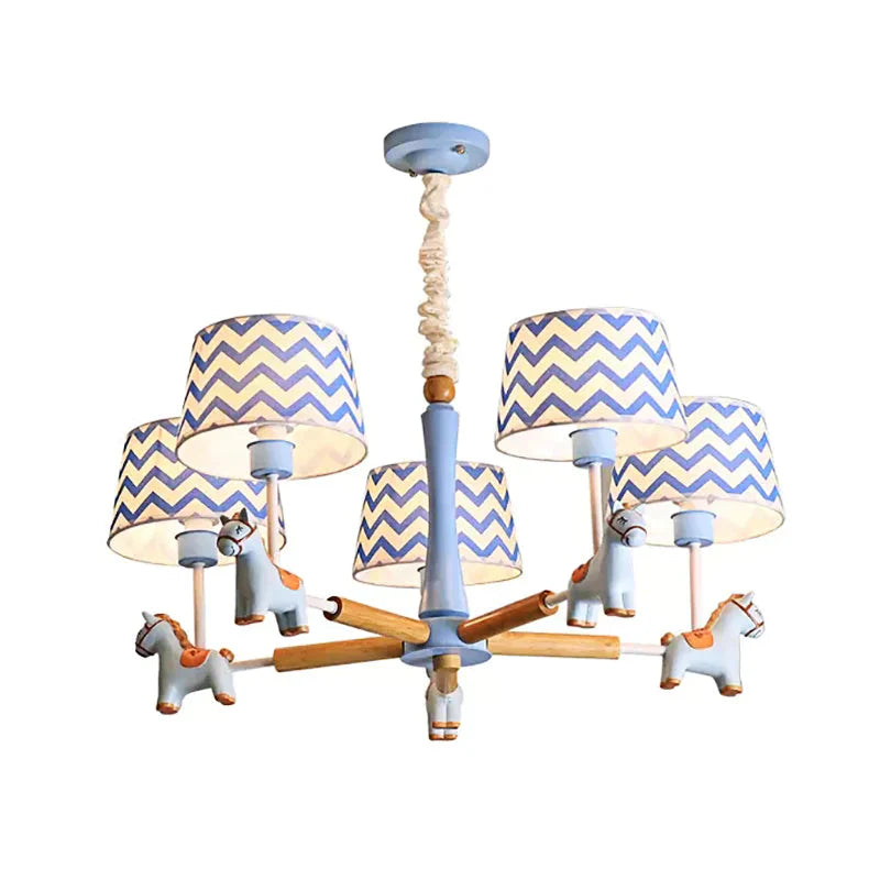 Boys Bedroom Carousel Hanging Light Wood 5 Heads Nordic Style Blue Chandelier