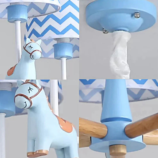 Boys Bedroom Carousel Hanging Light Wood 5 Heads Nordic Style Blue Chandelier