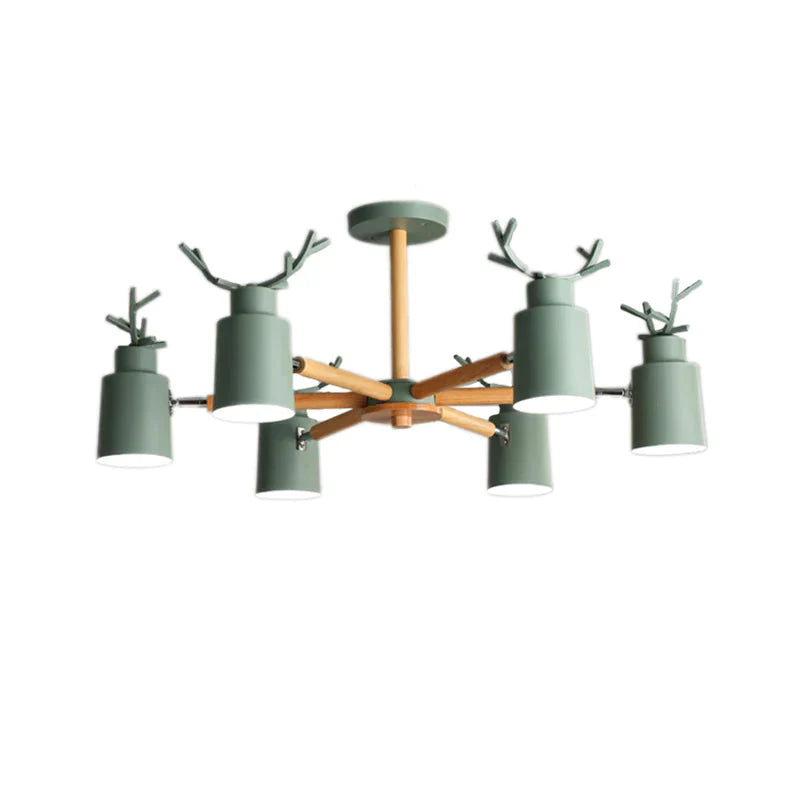 Green Antlers Chandelier Nordic Style Metal 6 Lights Pendant Lighting With Radial Design