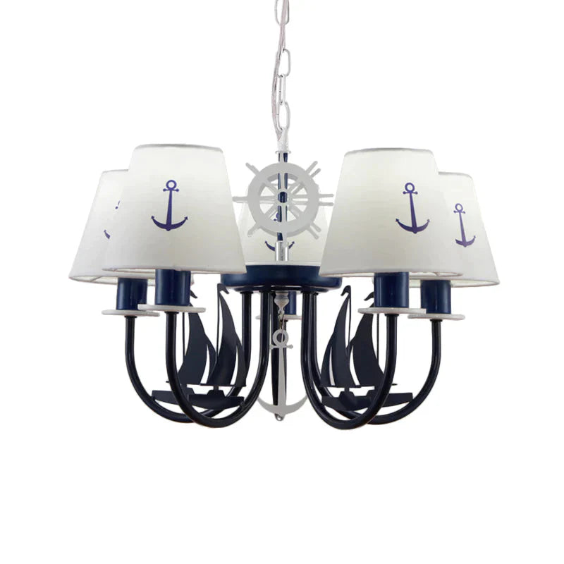 Metallic Arched Arm Pendant Ceiling Light Kids 5/6 Bulbs Blue Hanging Chandelier With Tapered White