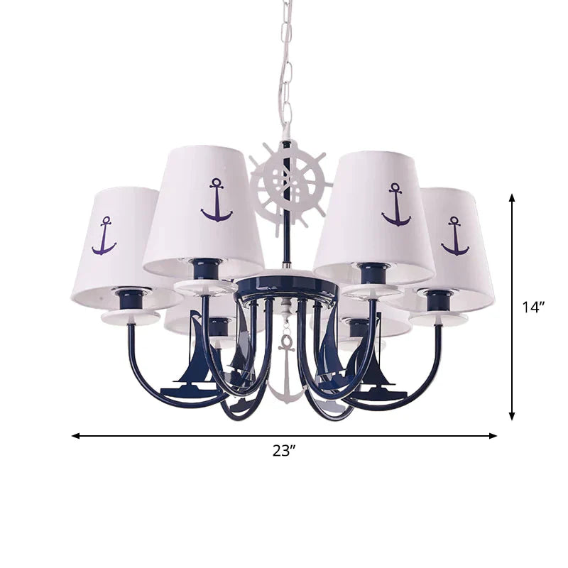 Metallic Arched Arm Pendant Ceiling Light Kids 5/6 Bulbs Blue Hanging Chandelier With Tapered White