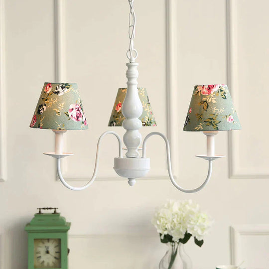 Kids Flower Hanging Light With Tapered Shade 3 Lights Metal Chandelier In Green For Nursing Room