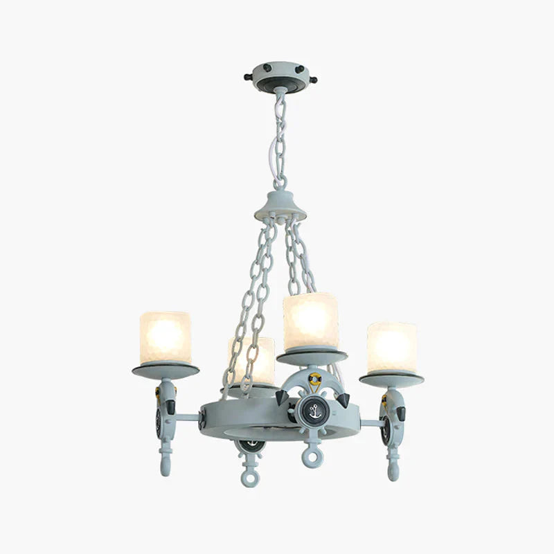 4 Heads Parlor Chandelier Light Children Blue/Brown Hanging Lamp Kit With Cylinder Frosted Glass