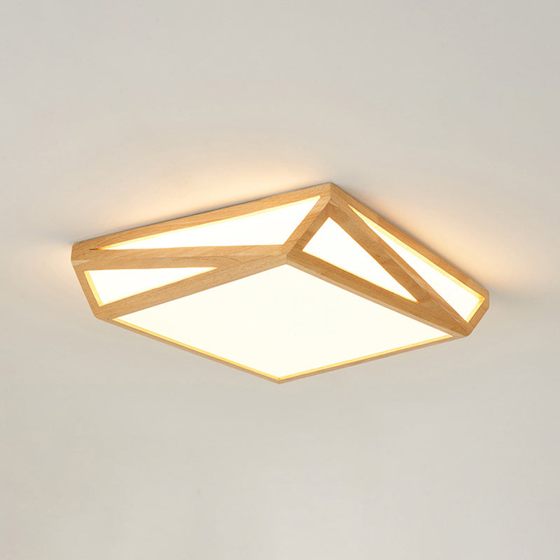 Wooden Square Flush Mount Light Contemporary Bedroom Led Ceiling Lighting Fixture In Beige