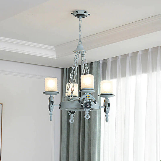 4 Lights Bedroom Pendant Lighting Nautical Blue/Black Chandelier Lamp With Cylinder Dimpled Glass