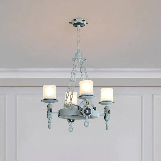 4 Lights Bedroom Pendant Lighting Nautical Blue/Black Chandelier Lamp With Cylinder Dimpled Glass