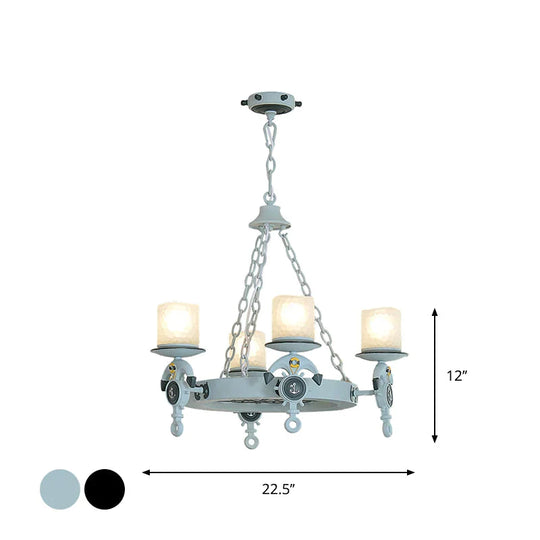 4 Lights Bedroom Pendant Lighting Nautical Blue/Black Chandelier Lamp With Cylinder Dimpled Glass