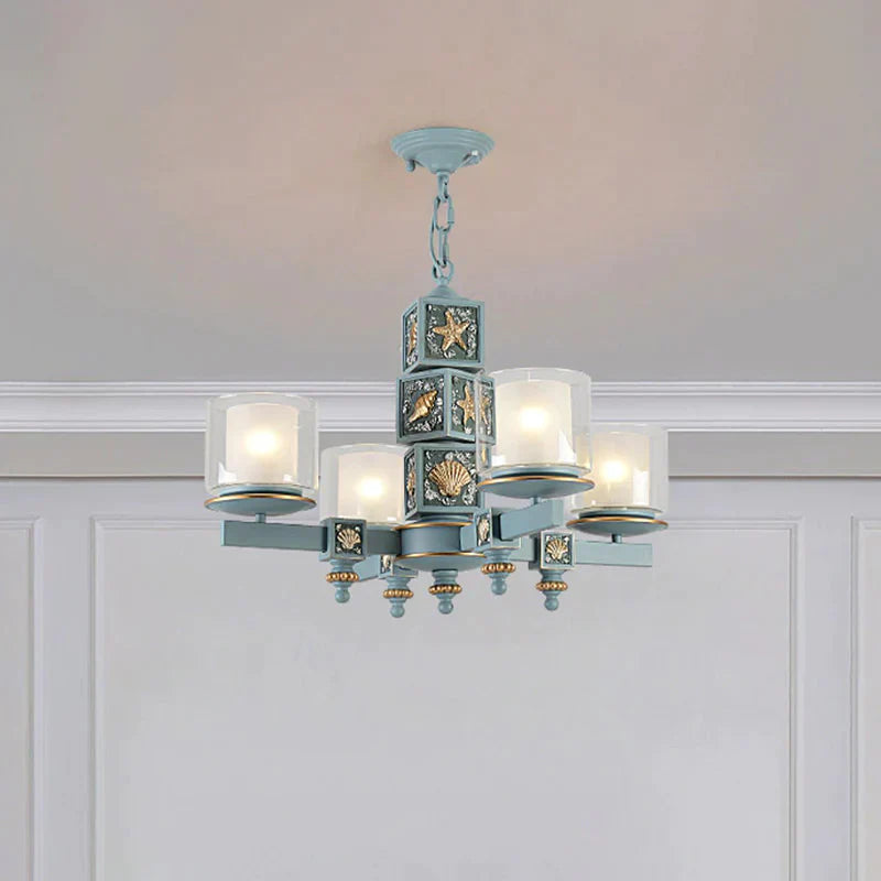 Coastal 4 - Light Hanging Chandelier Sky/Light Blue Dual Column Suspension Pendant With Clear And