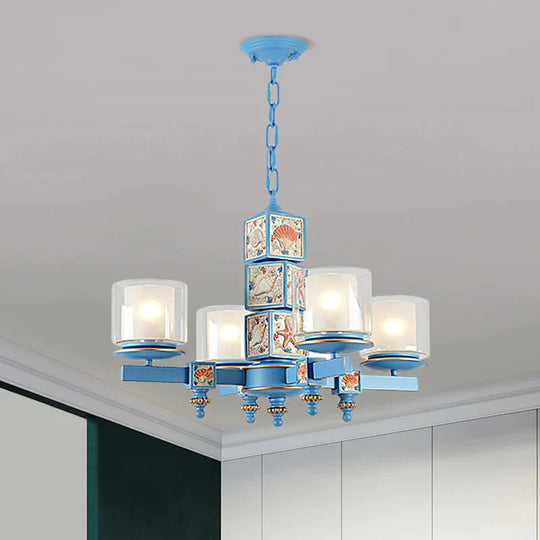 Coastal 4 - Light Hanging Chandelier Sky/Light Blue Dual Column Suspension Pendant With Clear And