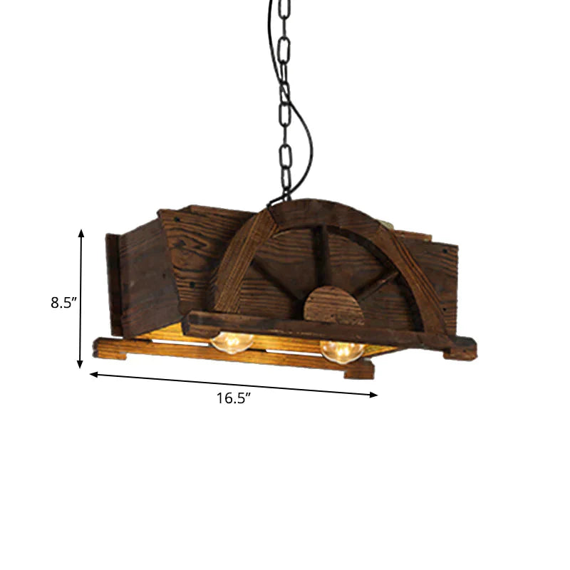 Brown Wood Rectangle Hanging Light 2 - Bulb Antique Ceiling Fixture For Restaurant