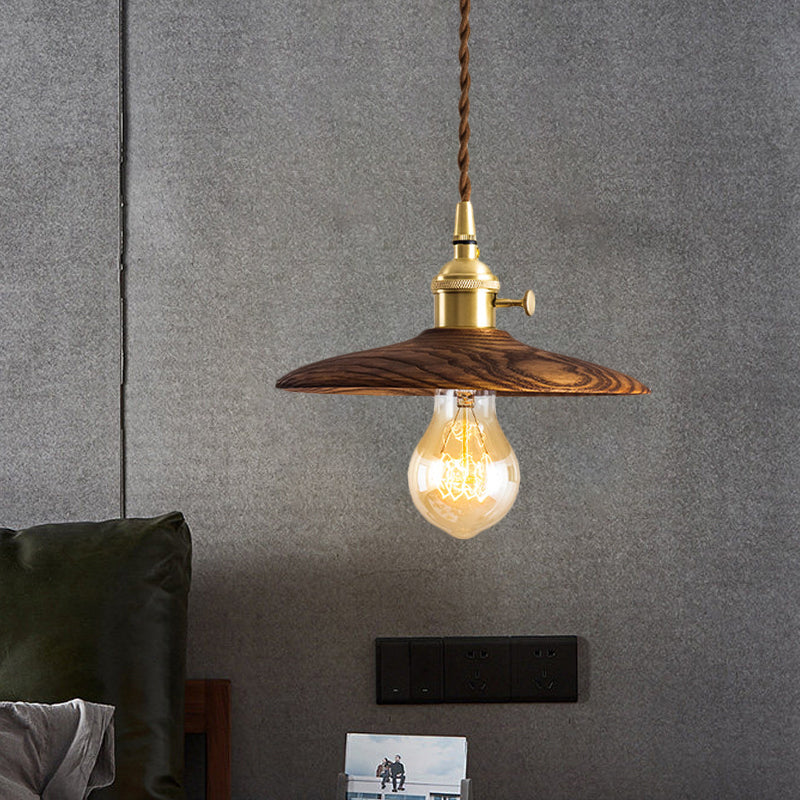 Brown/Beige Conical Living Room Suspension Light - 1 Contemporary Hanging Lamp In Wood Finish