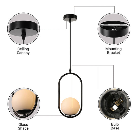 Modern Globe Pendant Light White Glass Black/Gold Hanging Ceiling Lamp For Bedroom Lighting