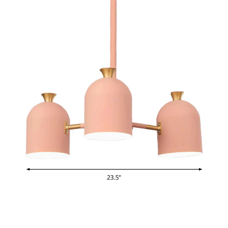 3 Lights Cup Hanging Light Macaron Style Metal Chandelier In Pink For Girls Bedroom