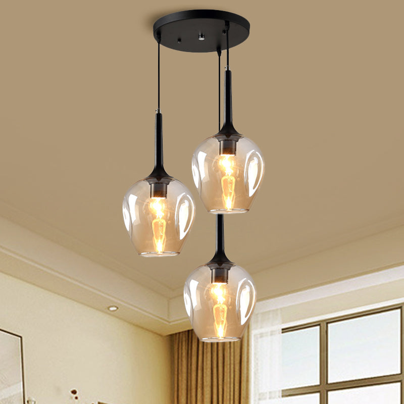 Riley - Black Tulip Cluster Lighting Modernist 3 Lights Amber/Smoke/Blue Glass Hanging Ceiling Lamp