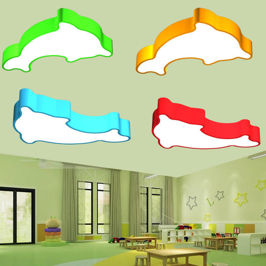 Ocean - Inspired Dolphin Led Nursery Ceiling Lamp Acrylic Cartoon Flush Mount Light Fixture In Red