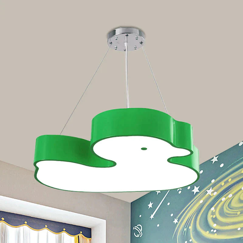 Duck Chandelier Pendant Light Cartoon Acrylic Led Bedroom Hanging Lamp Kit In Green/Red/Yellow Green