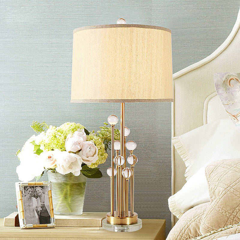 Valentine - Gold Fabric Drum Shade Night Lighting Traditional 1 Light Bedroom Nightstand Lamp In