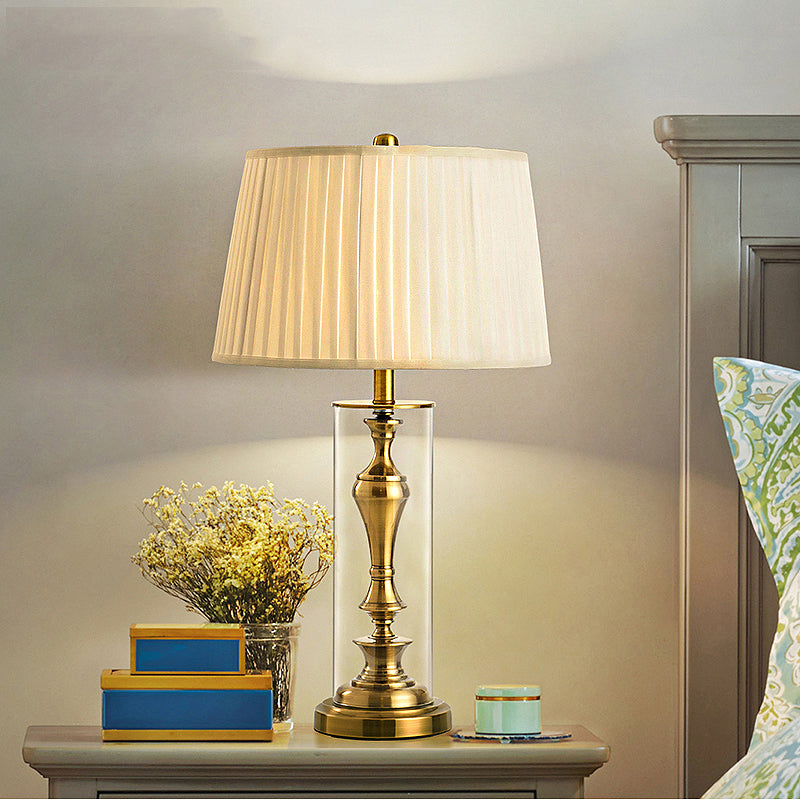 Amaya - Gold 1 Light Night Table Countryside Fabric Empire Shade Nightstand Lamp With Metal