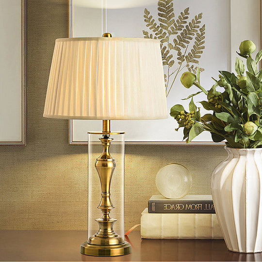 Amaya - Gold 1 Light Night Table Countryside Fabric Empire Shade Nightstand Lamp With Metal