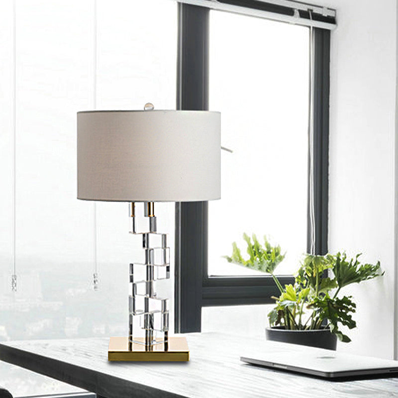 Aubrey - White Fabric Table Lamp With Clear Glass Block Deco