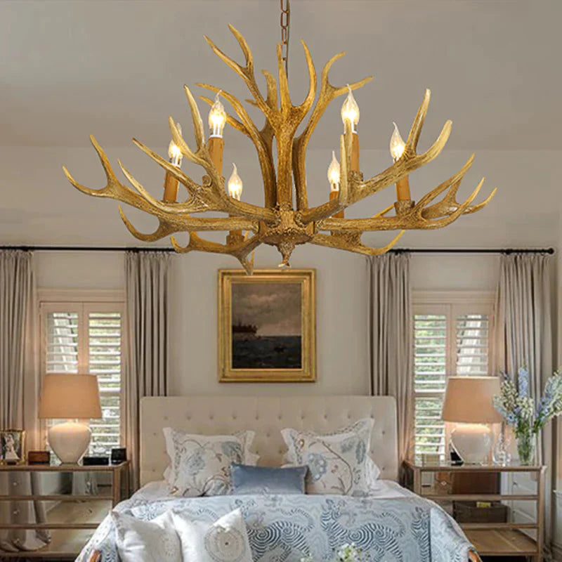 6/8 - Light Resin Chandelier Lamp Rural Brown Antlered Shape Living Room Hanging Pendant With Open