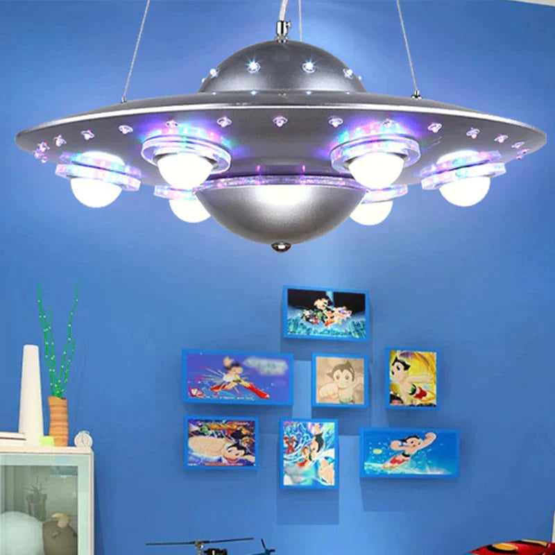 Metal Flying Saucer Hanging Chandelier Cartoon Integrated Led Pendant Ceiling Light In Silver/Dark