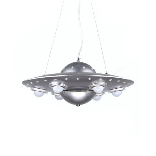 Metal Flying Saucer Hanging Chandelier Cartoon Integrated Led Pendant Ceiling Light In Silver/Dark