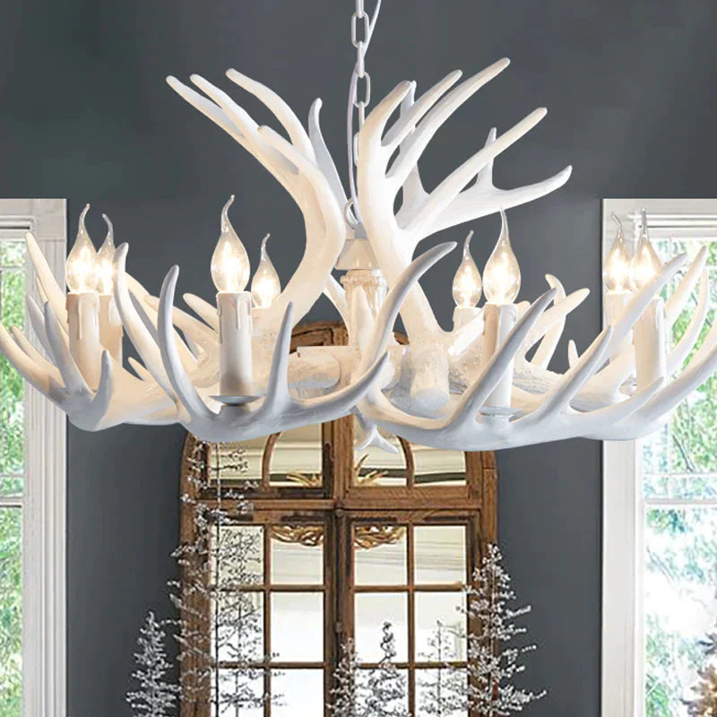 White/Brown 2 - Layered Rustic Resin Antler Chandelier 3/6/8 Lights 8 / White