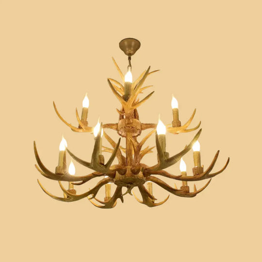 6/8/12 Bulbs Chandelier Lodge 1/2 - Layered Antler Resin Ceiling Suspension Lamp In Brown