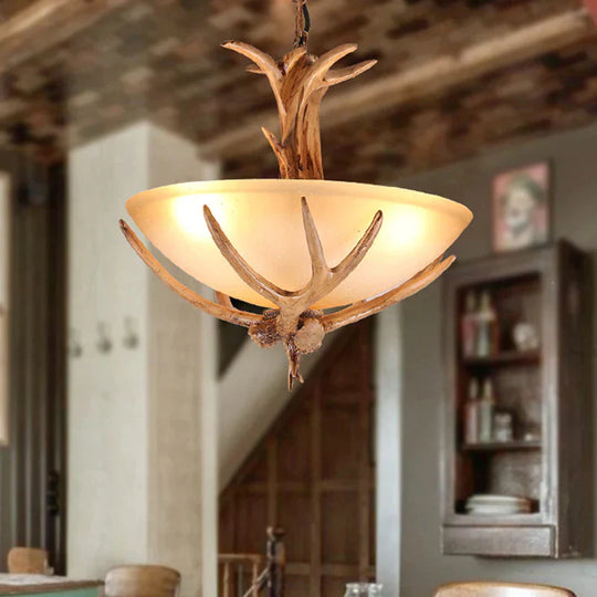 Bowl Frosted White Glass Drop Lamp Rustic 3 - Light Dining Room Antler Pendant Chandelier In Brown