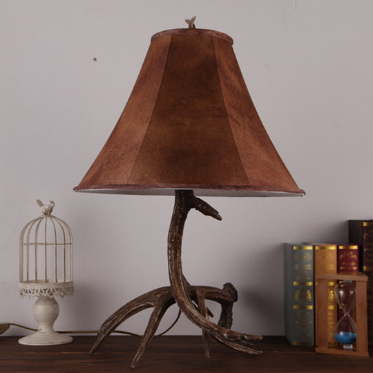 Nadia - Rustic Brown Wide Flared Night Lamp Farmhouse Fabric 1 Head Bedroom Table Light With Antler