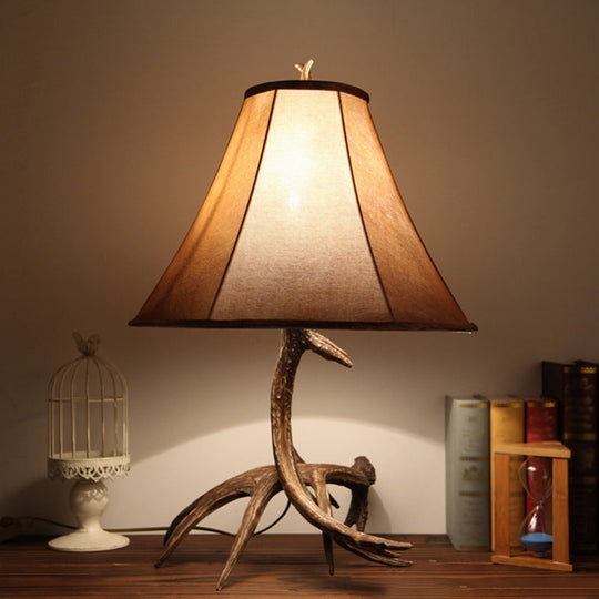 Nadia - Rustic Brown Wide Flared Night Lamp Farmhouse Fabric 1 Head Bedroom Table Light With Antler