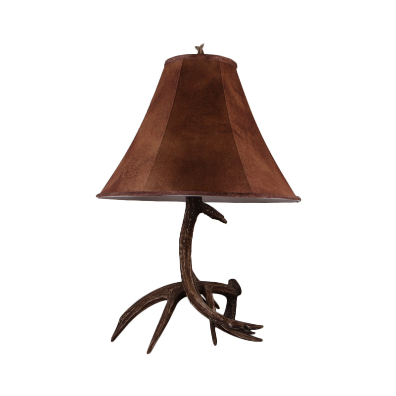 Nadia - Rustic Brown Wide Flared Night Lamp Farmhouse Fabric 1 Head Bedroom Table Light With Antler