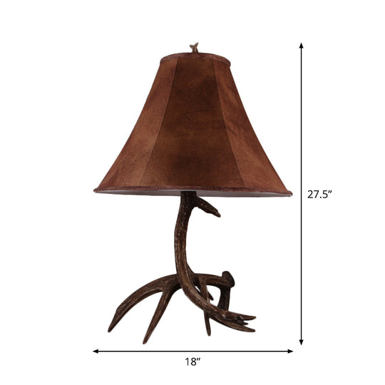 Nadia - Rustic Brown Wide Flared Night Lamp Farmhouse Fabric 1 Head Bedroom Table Light With Antler